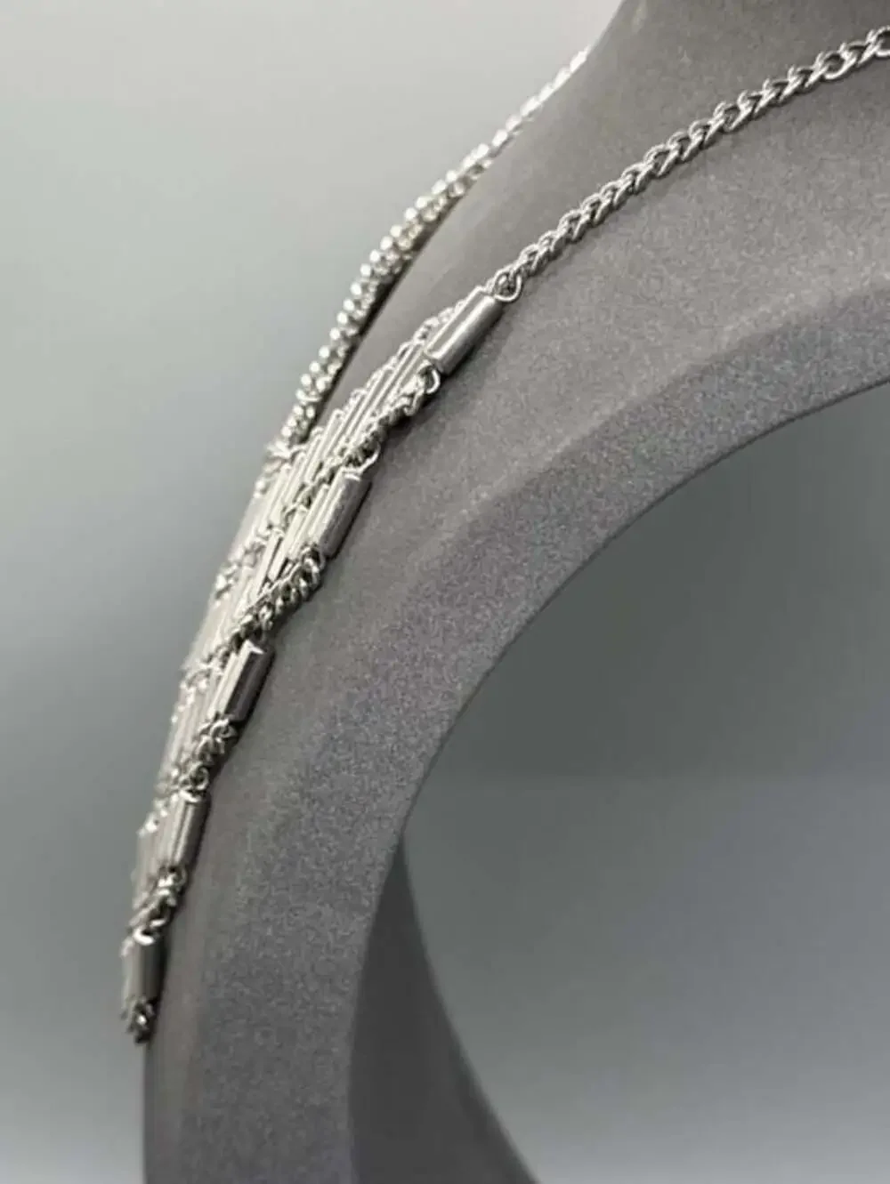 Silver Tone Multi-strand Tube Bar Statement Bib Necklace Layered Y2K Goth